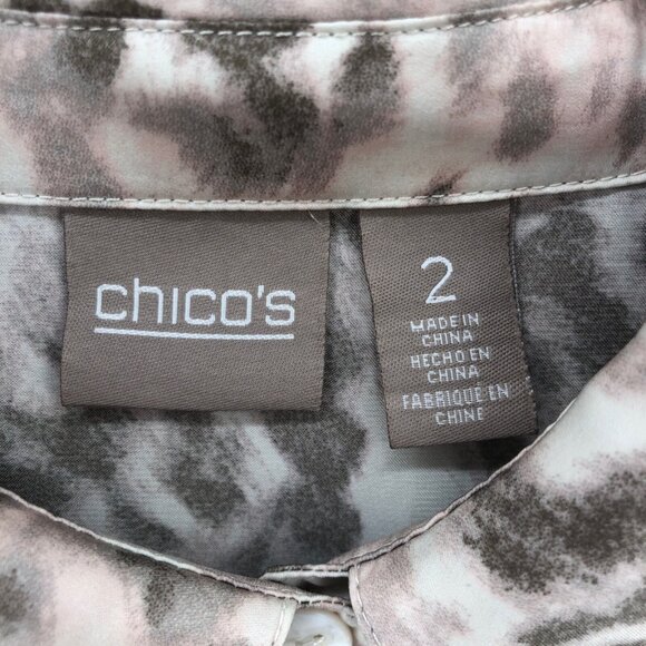 Chicos Shirt Womens 2 US Large Gray Leopard Print Button Roll Tab Sleeve Blouse - Picture 5 of 10